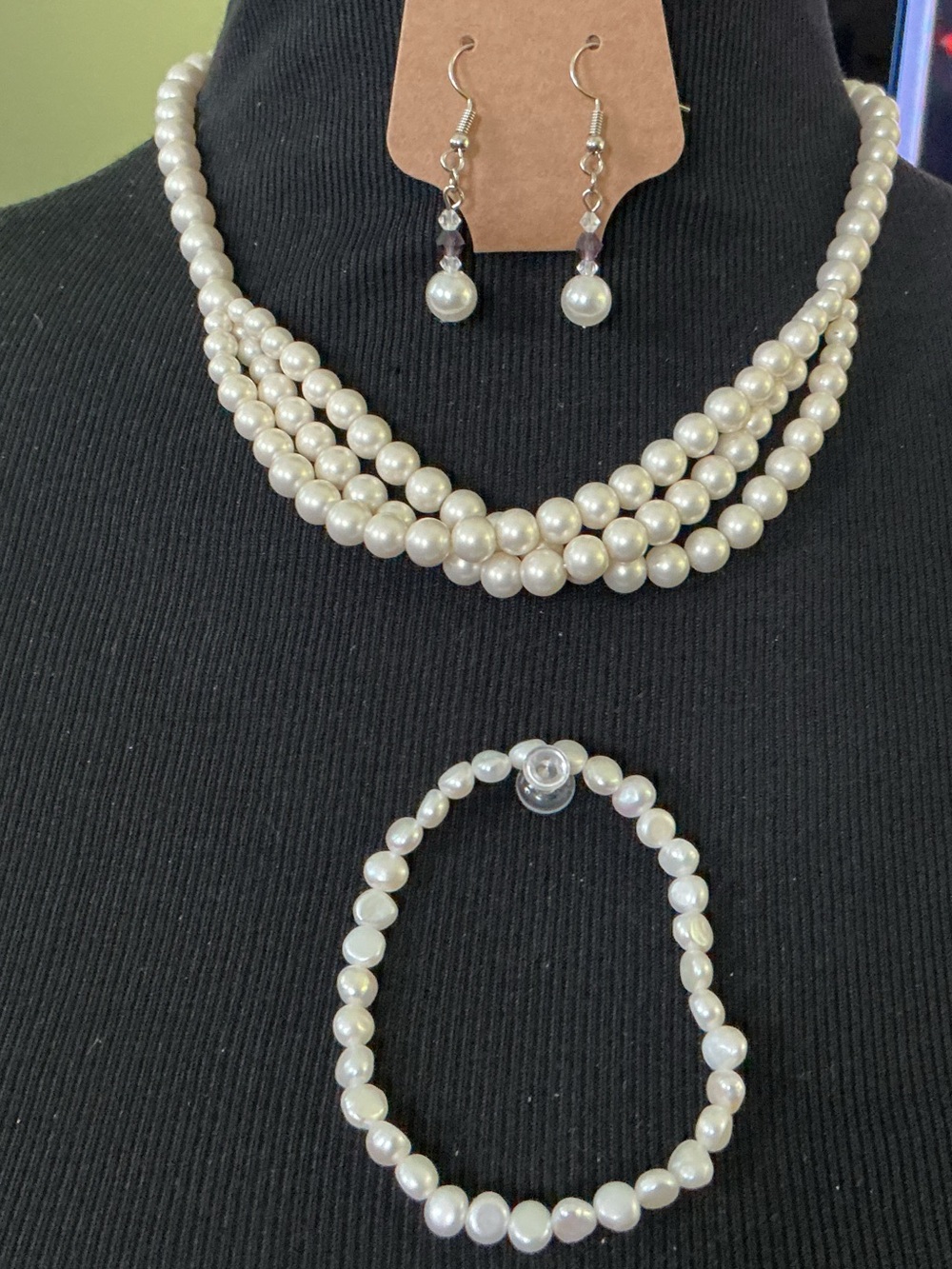 NWT J. Crew Ivory Pearl Necklace with Matching Real Pearls Bracelet & Earrings